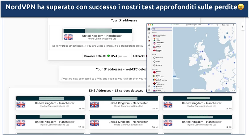 Screenshot del test di protezione dalle perdite di NordVPN