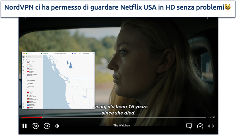 Screenshot di The Watchers in streaming su Netflix USA con NordVPN connesso