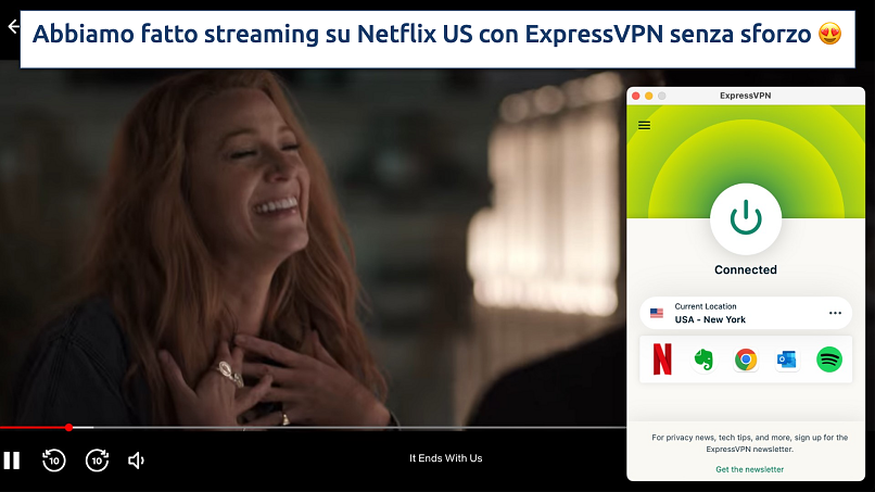 Screenshot che mostra l'app di ExpressVPN connessa a un server statunitense durante lo streaming su Netflix da browser