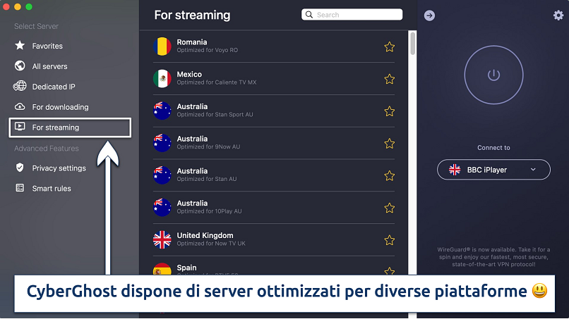 Screenshot che mostra server di CyberGhost per lo streaming