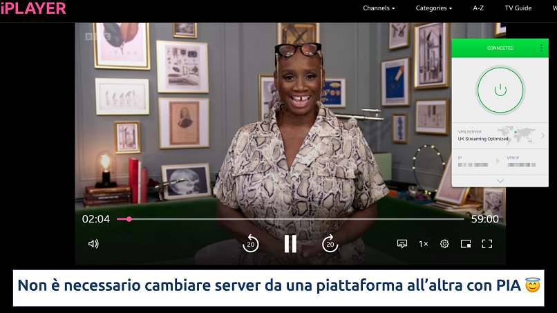 Screenshot dell'app PIA su un browser che trasmette BBC iPlayer