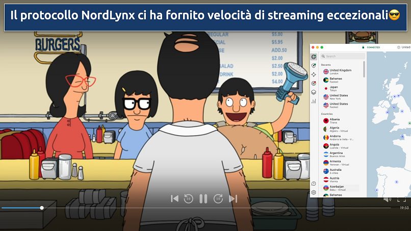 Screenshot dell'app NordVPN su un browser durante lo streaming di Disney+