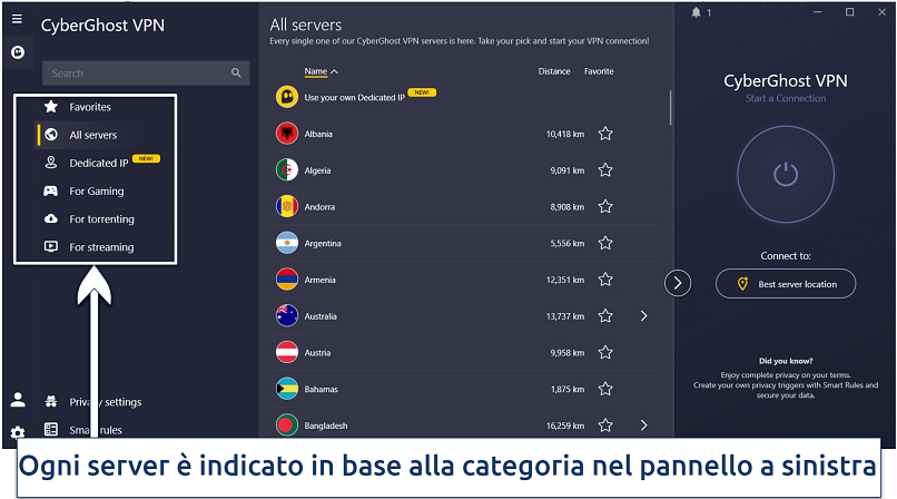 Screenshot of the streaming servers on the CyberGhost app