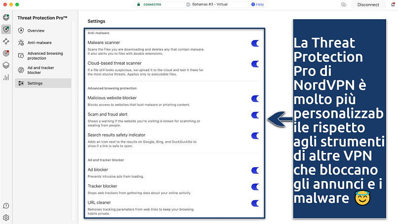 Screenshot of the Threat Protection Pro settings on the NordVPN app