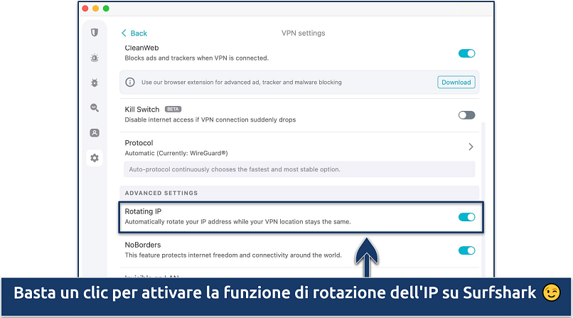 Screenshot of the Rotating IP option on the Surfshark settings menu