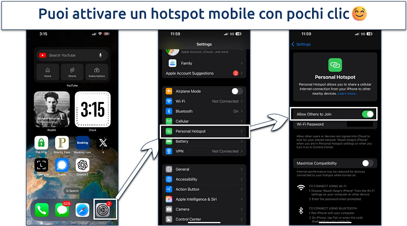 Screenshot che mostrano come attivare un hotspot mobile su un iPhone