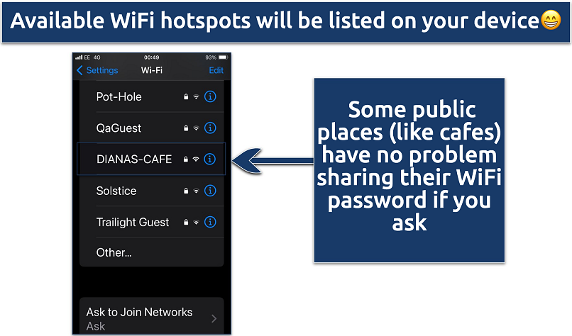 Screenshot showing the available WiFi hotspots on an iPhone