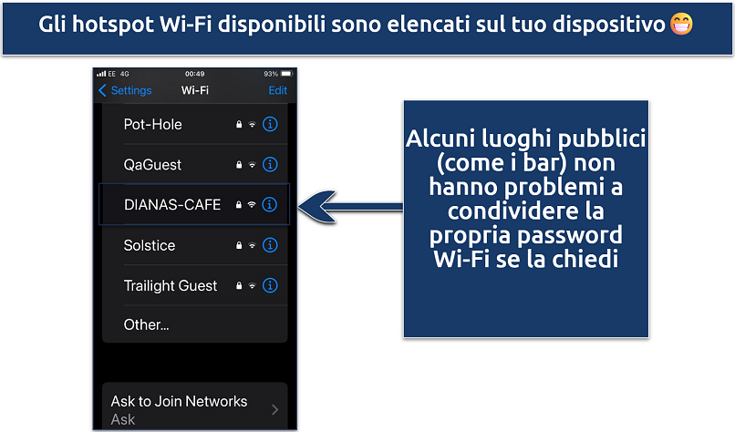 Screenshot che mostra gli hotspot Wi-Fi disponibili su un iPhone