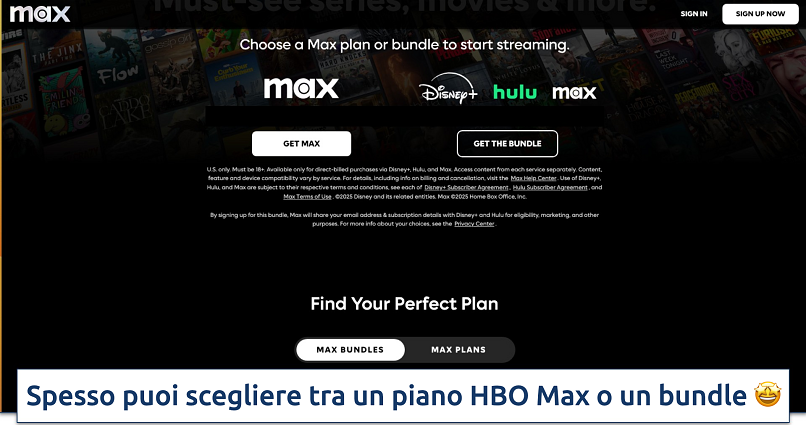 Screenshot della pagina dei piani HBO MAX