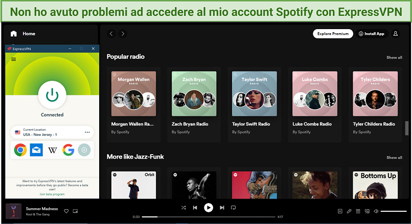 Screenshot of Spotify's home page with ExpressVPN connected to the US New Jersey server