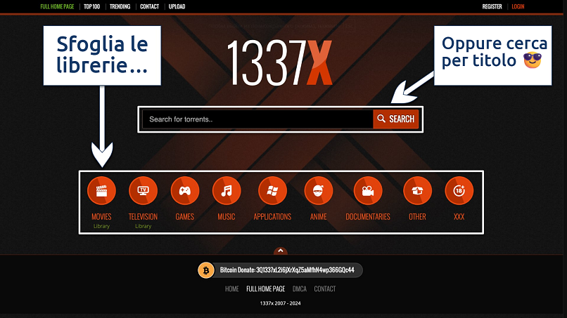 Screenshot of the 1337x home page