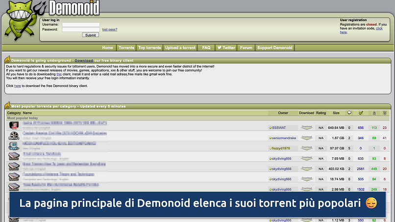 Screenshot of the Demonoid homepage