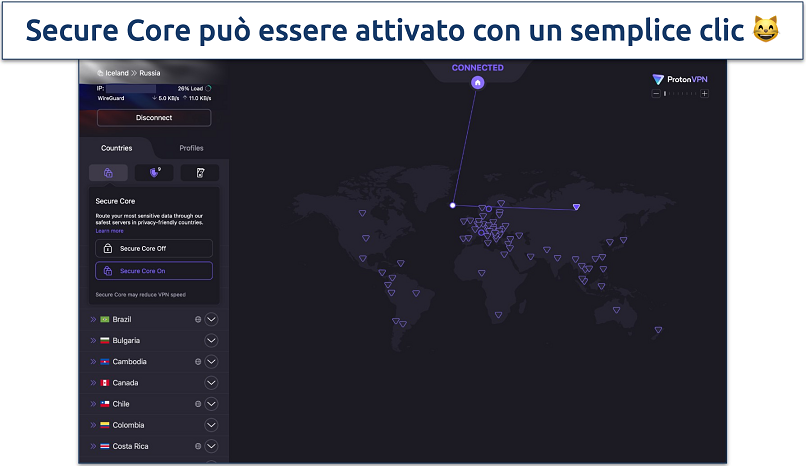 Screenshot of ProtonVPN's interface showing an active VPN connection