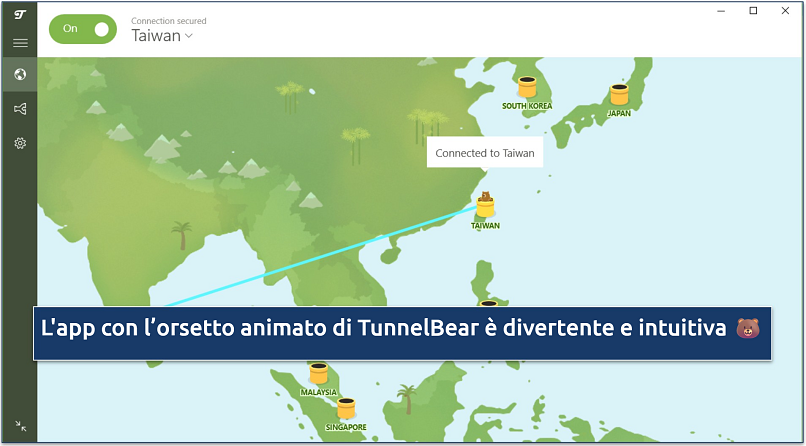 Screenshot di TunnelBear in collegamento al server di Taiwan