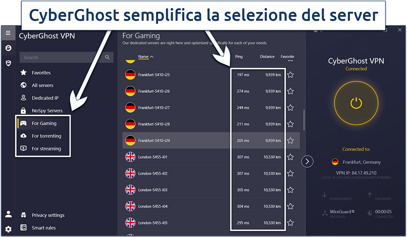 Screenshot dell'app Windows di CyberGhost che mostra gli strumenti di assistenza alla selezione del server