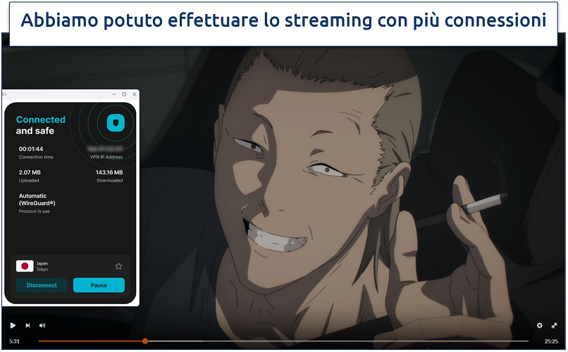 Screenshot dello streaming di Chainsaw Man su Crunchyroll durante il collegamento al server giapponese di Surfshark