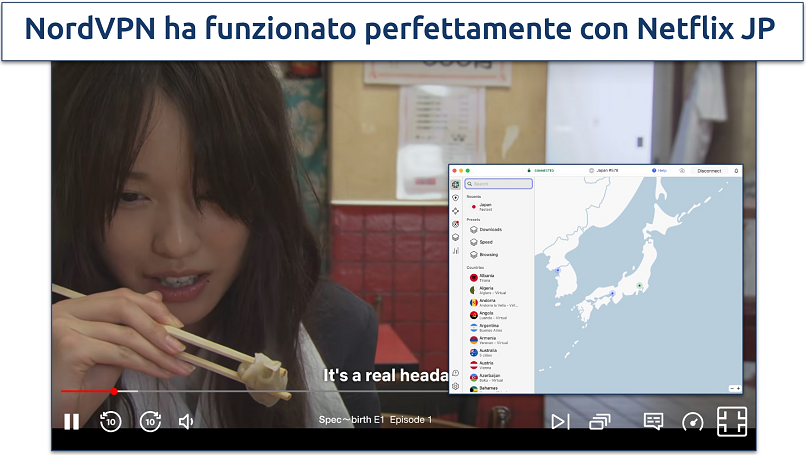Screenshot dello streaming di Netflix JP con la connessione a NordVPN