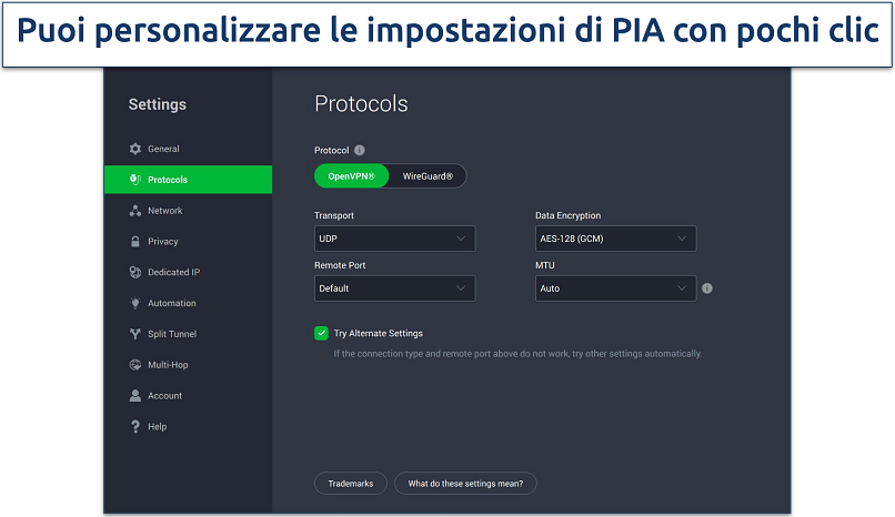 Screenshot delle funzionalità di sicurezza di PIA