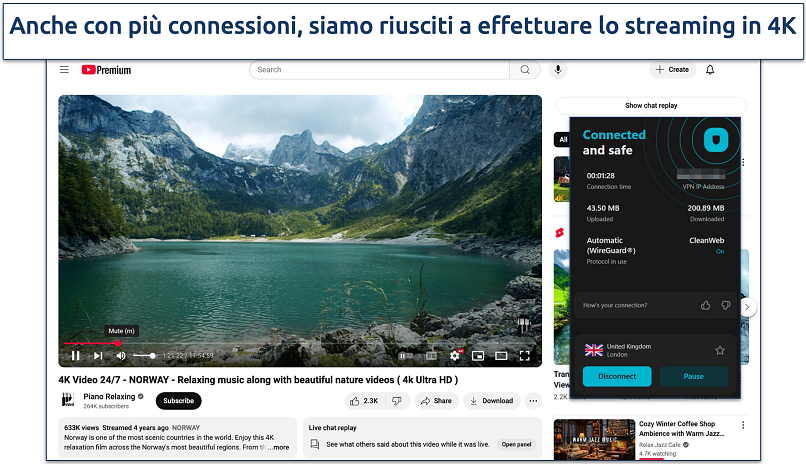 Screenshot dello streaming di YouTube in 4K con la connessione a Surfshark
