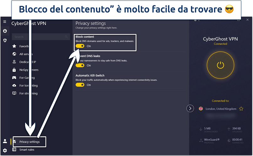 Immagine che mostra le impostazioni sulla privacy di CyberGhost con la funzione Blocco del contenuto evidenziata nelle impostazioni della privacy