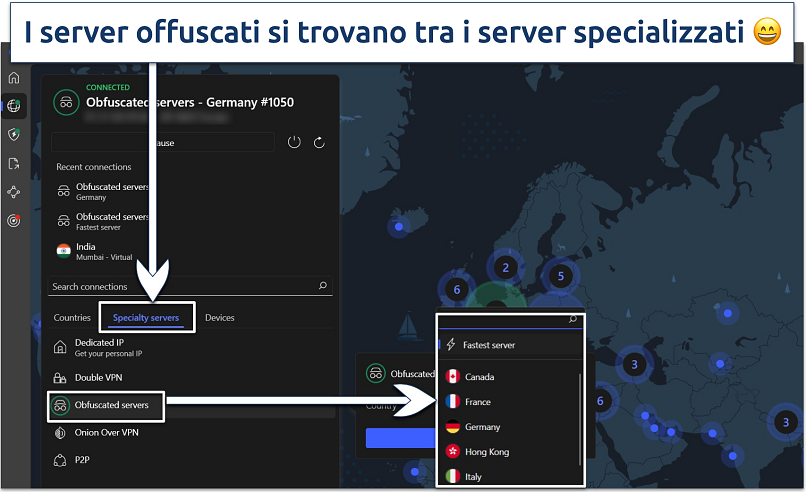 Immagine che mostra i server offuscati evidenziati nell'interfaccia principale dell'app NordVPN