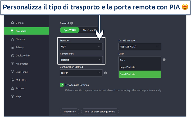 Immagine che mostra le impostazioni personalizzabili di PIA