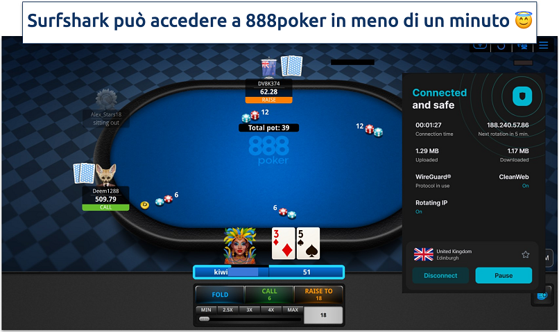 Immagine che mostra l’accesso a 888 poker con Surfshark tramite il server nel Regno Unito