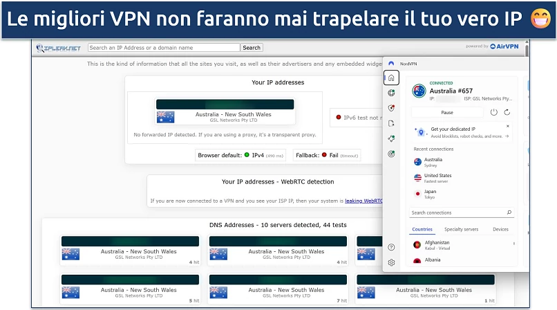 Screenshot of NordVPN's Windows app connected to the Australia Sydney server while leak tests are performed on ipleak.net