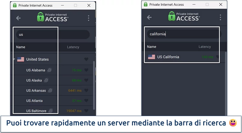 Screenshot of Private Internet Access' Windows app highlighting how to use the server search bar
