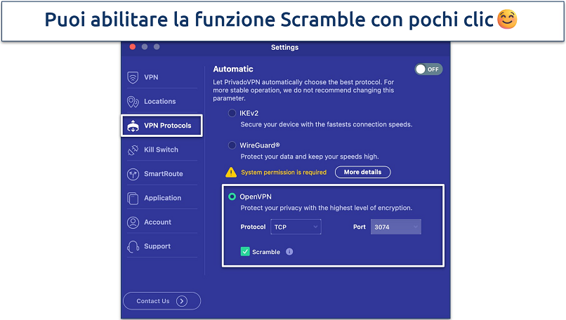Screenshot showing how to enable PrivadoVPN's Scramble feature