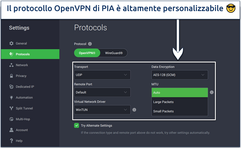 Screenshot of PIA's protocol settings page with its OpenVPN customization options