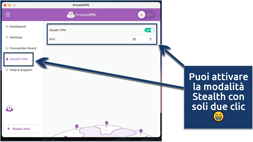 Screenshot of PrivateVPN's macOS app with Stealth VPN settings enabled