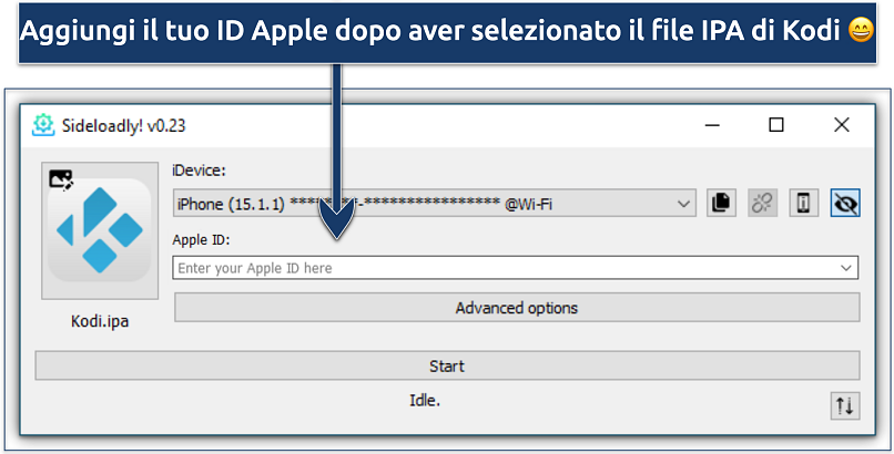 Image showing the interface of the Sideloadly Windows app with Kodi IPA uploaded