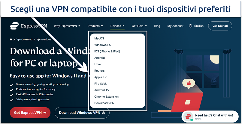 Screenshot che mostra la pagina di download sul sito web di ExpressVPN