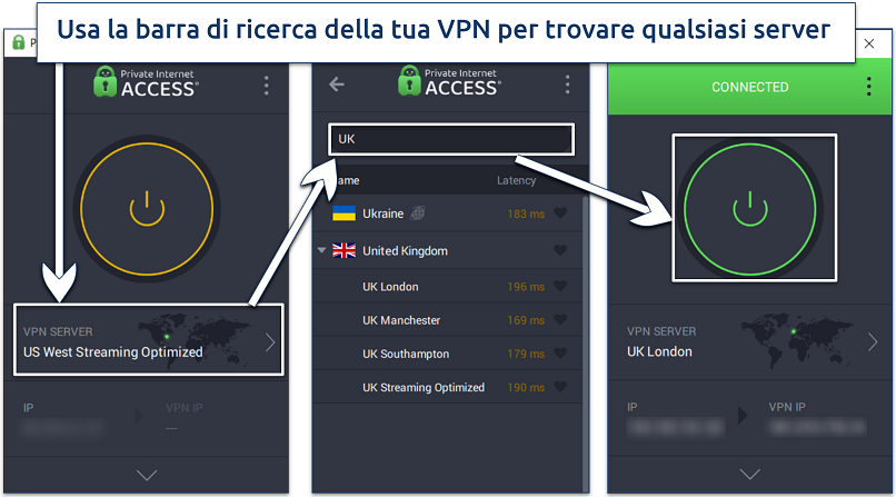 Screenshot che mostra come connettersi a un server sull'app PIA per Windows