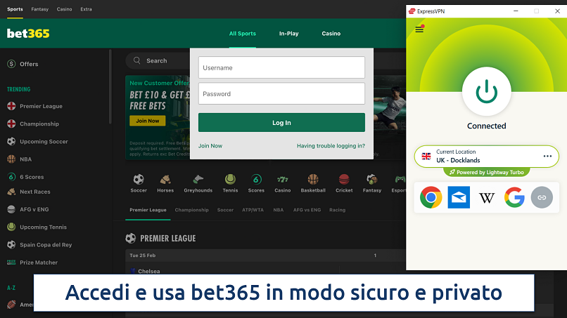 Screenshot che mostra l'app ExpressVPN connessa a un server del Regno Unito con la pagina di accesso di bet365