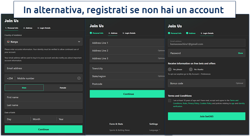 Screenshot che mostra il modulo di registrazione di bet365 per i nuovi utenti