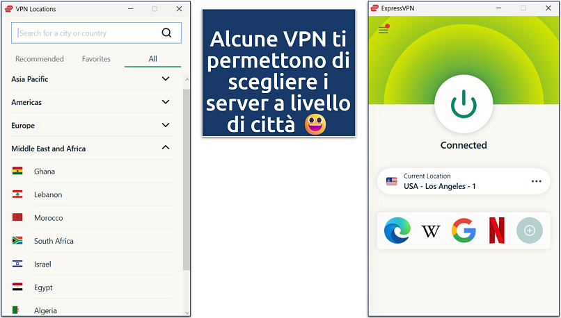 Screenshot dell'app ExpressVPN per Windows con il suo elenco di server