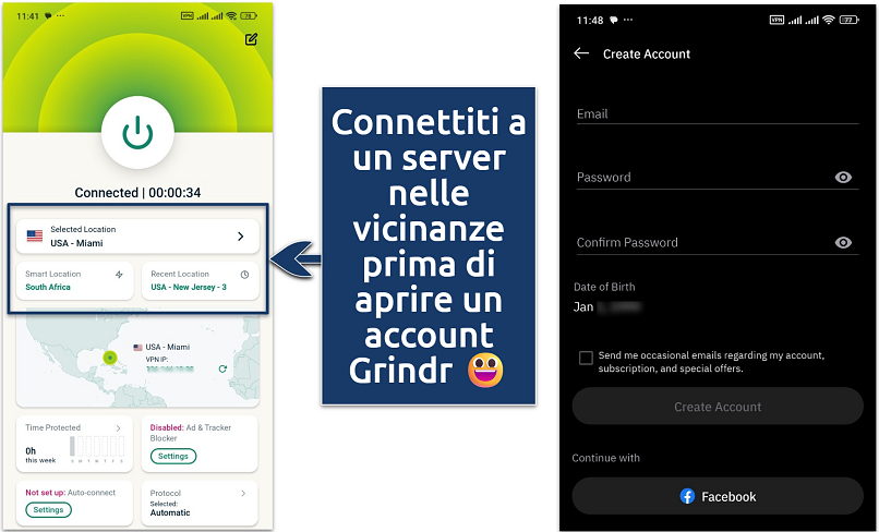 An image of connected VPN and Grindr app sign up page