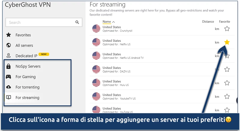Screenshot of CyberGhost's list of specialized servers