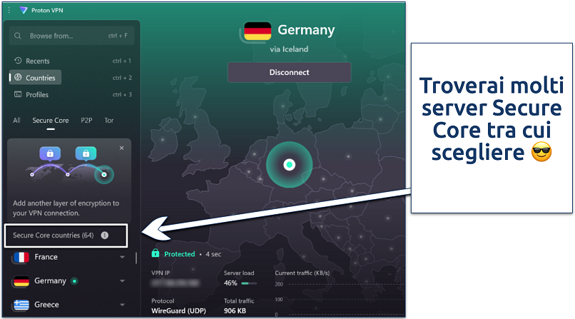 Screenshot of Proton VPN Windows app dashboard showing Secure Core servers