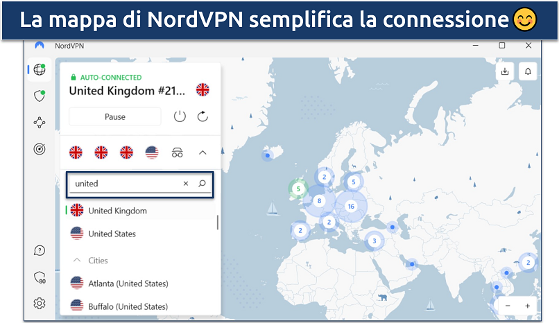 Screenshot of NordVPN's Windows app showing connection to United Kingdom server