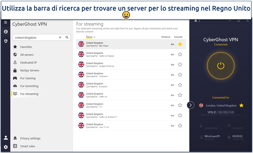 Screenshot of CyberGhost's Windows' app connected to the BBC iPlayer optimized server 